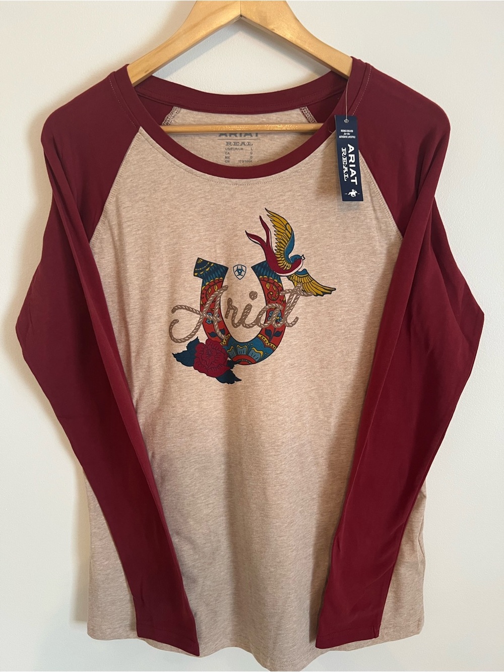 Ariat Cream Body Burgundy Raglan Long Sleeve Graphic Tee-Women’s Large-NWT